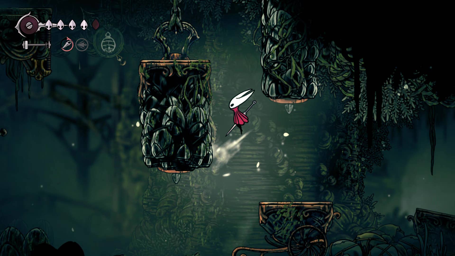 Screenshot of Hollow Knight: Silkson showing a pass through Shellwood.