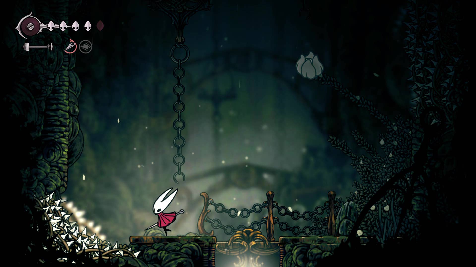 Screenshot of Hollow Knight: Silkson showing a pass through Shellwood.
