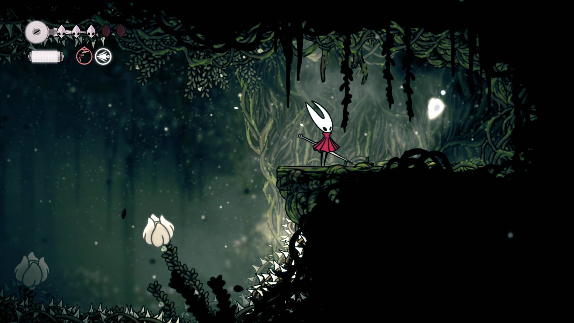 Screenshot of Hollow Knight: Silkson showing a pass through Shellwood.
