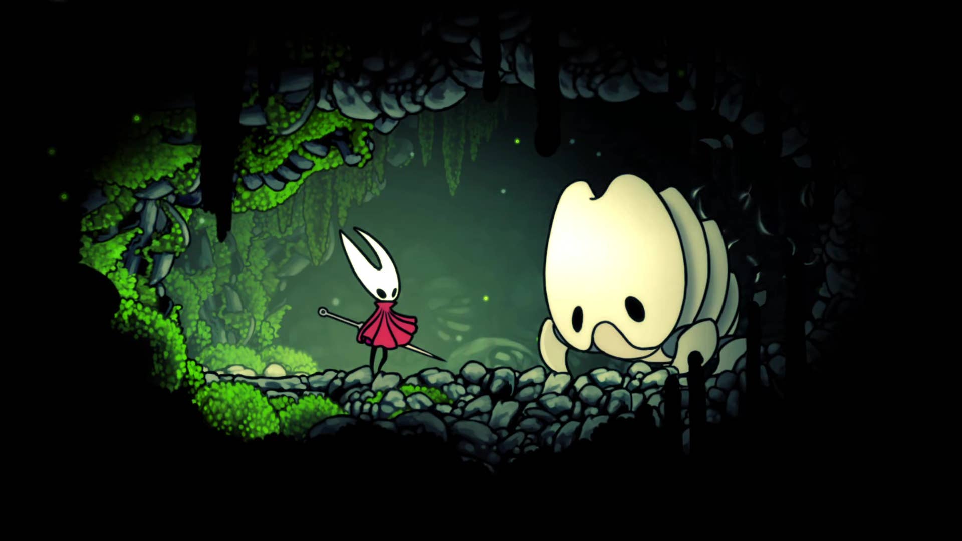 Screenshot of Hollow Knight: Silksong showing the path through the cave of Moss.