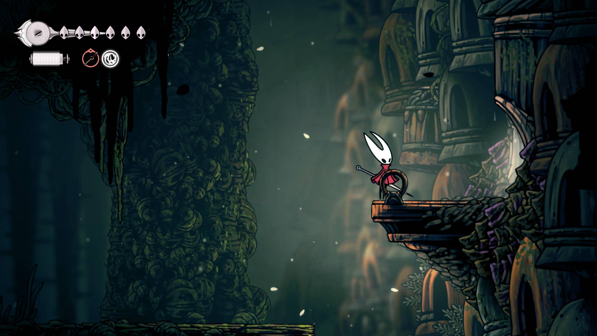 Screenshot of Hollow Knight: Silkson showing a pass through Shellwood.