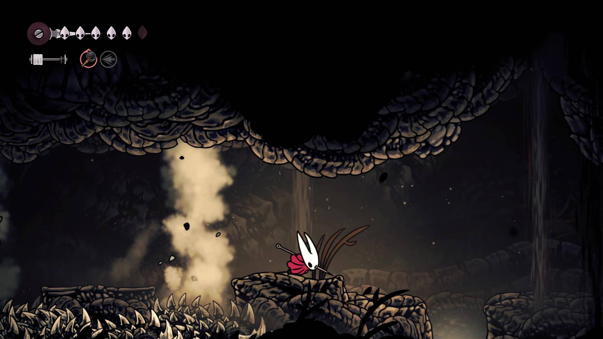Screenshot of Hollow Knight: Silksong showing paths through various different miscellaneous quest regions in Act 1.