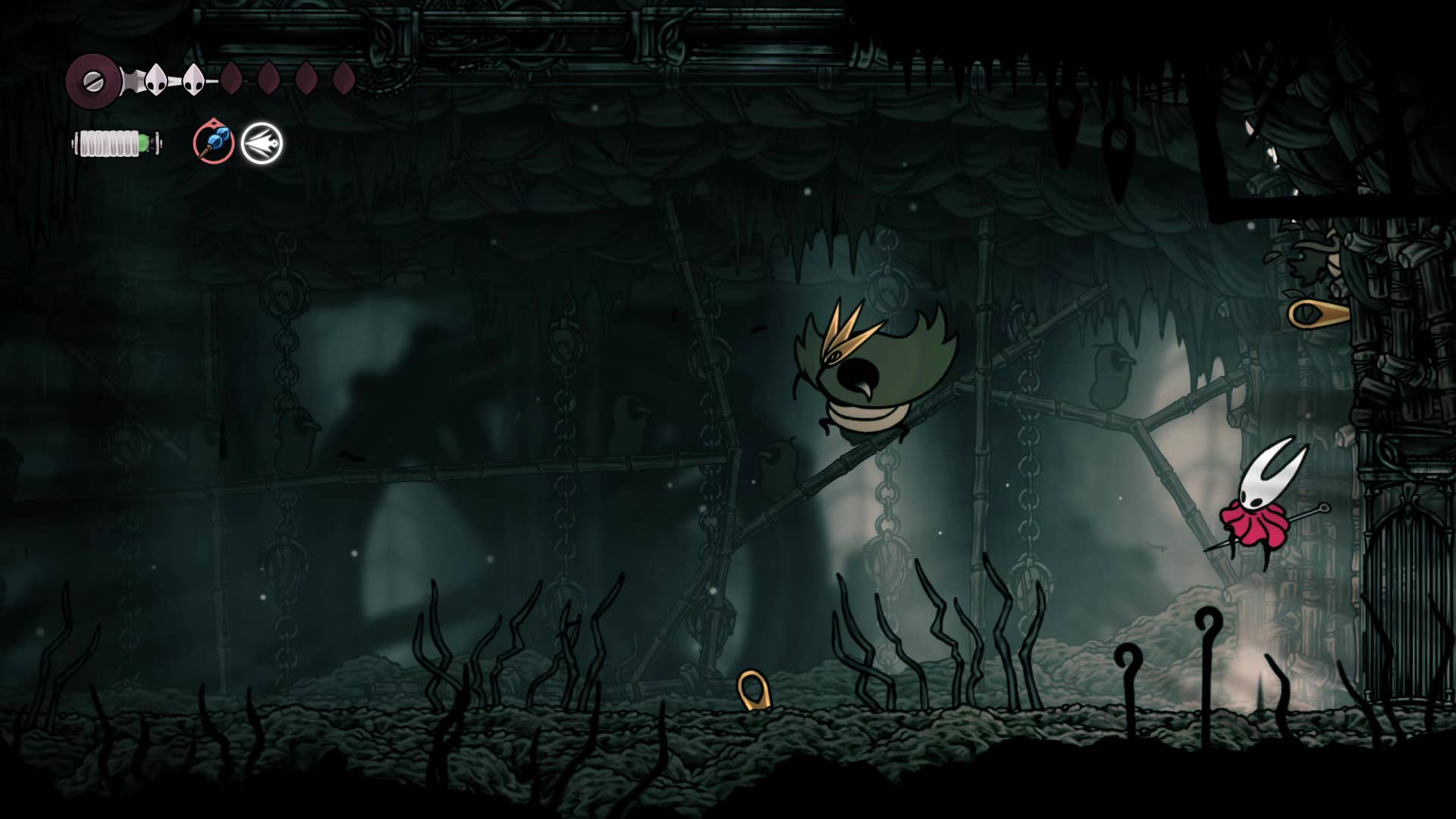 Hollow Knight screenshot: Silkson showing the path through Greymore.