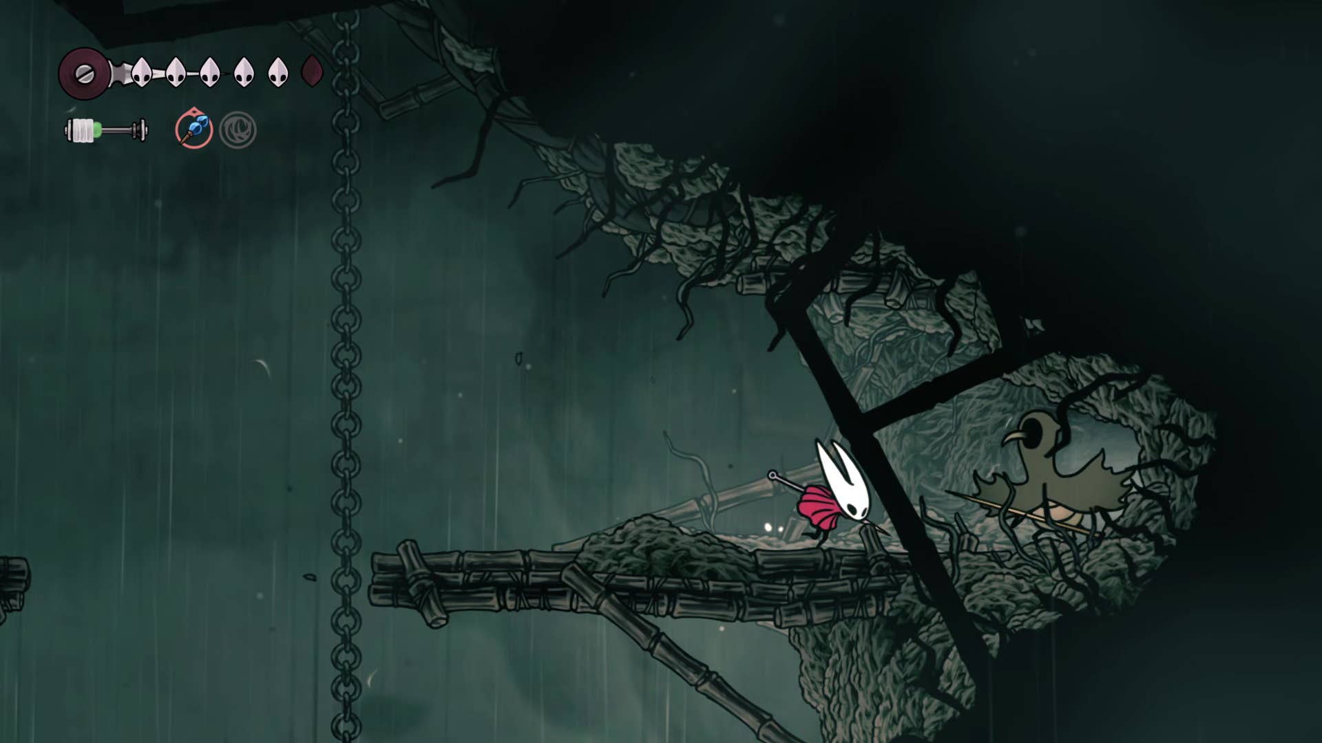 Hollow Knight screenshot: Silkson showing the path through Greymore.