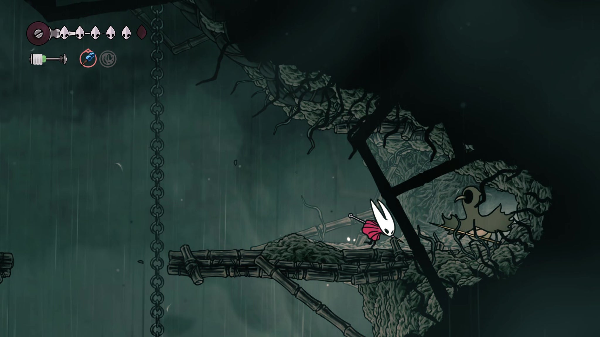 A screenshot of Hollow Knight: Silksong showing the path through Greymoor. - 13