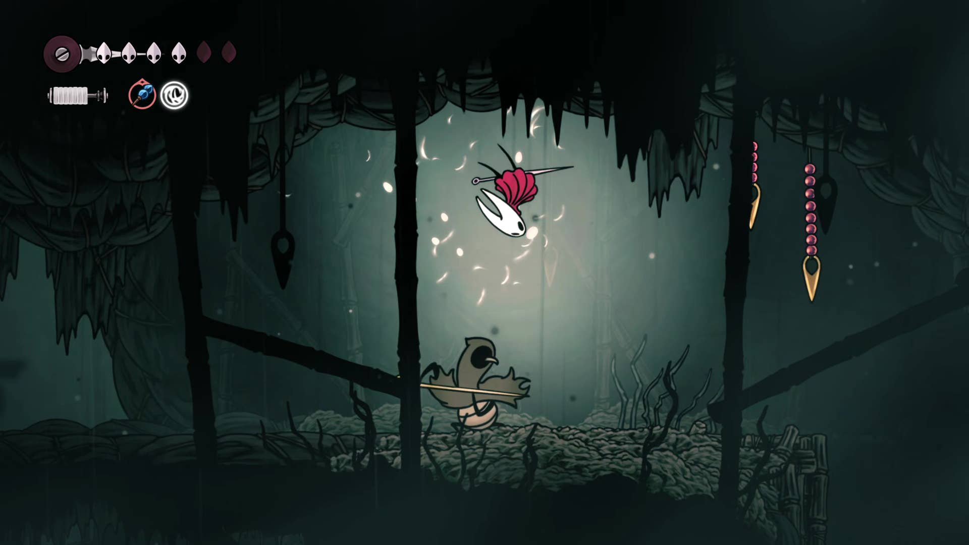 Hollow Knight screenshot: Silkson showing the path through Greymore.