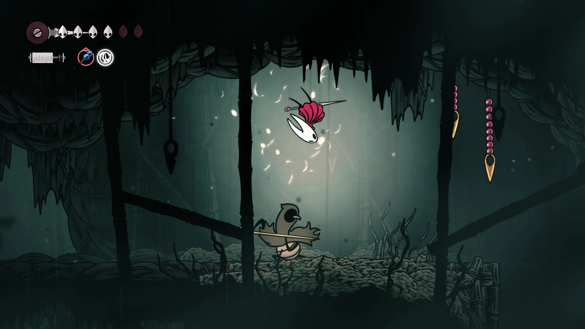 A screenshot of Hollow Knight: Silksong showing the path through Greymoor. - 14