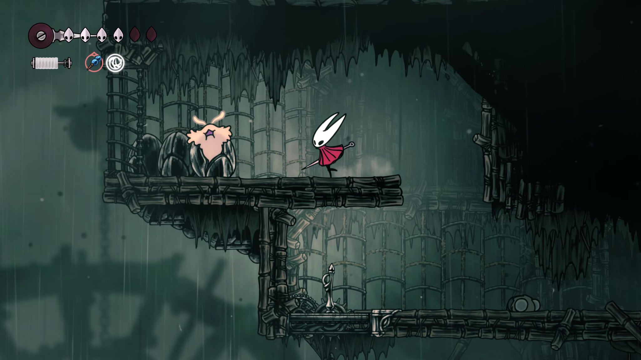 A screenshot of Hollow Knight: Silksong showing the path through Greymoor. - 15