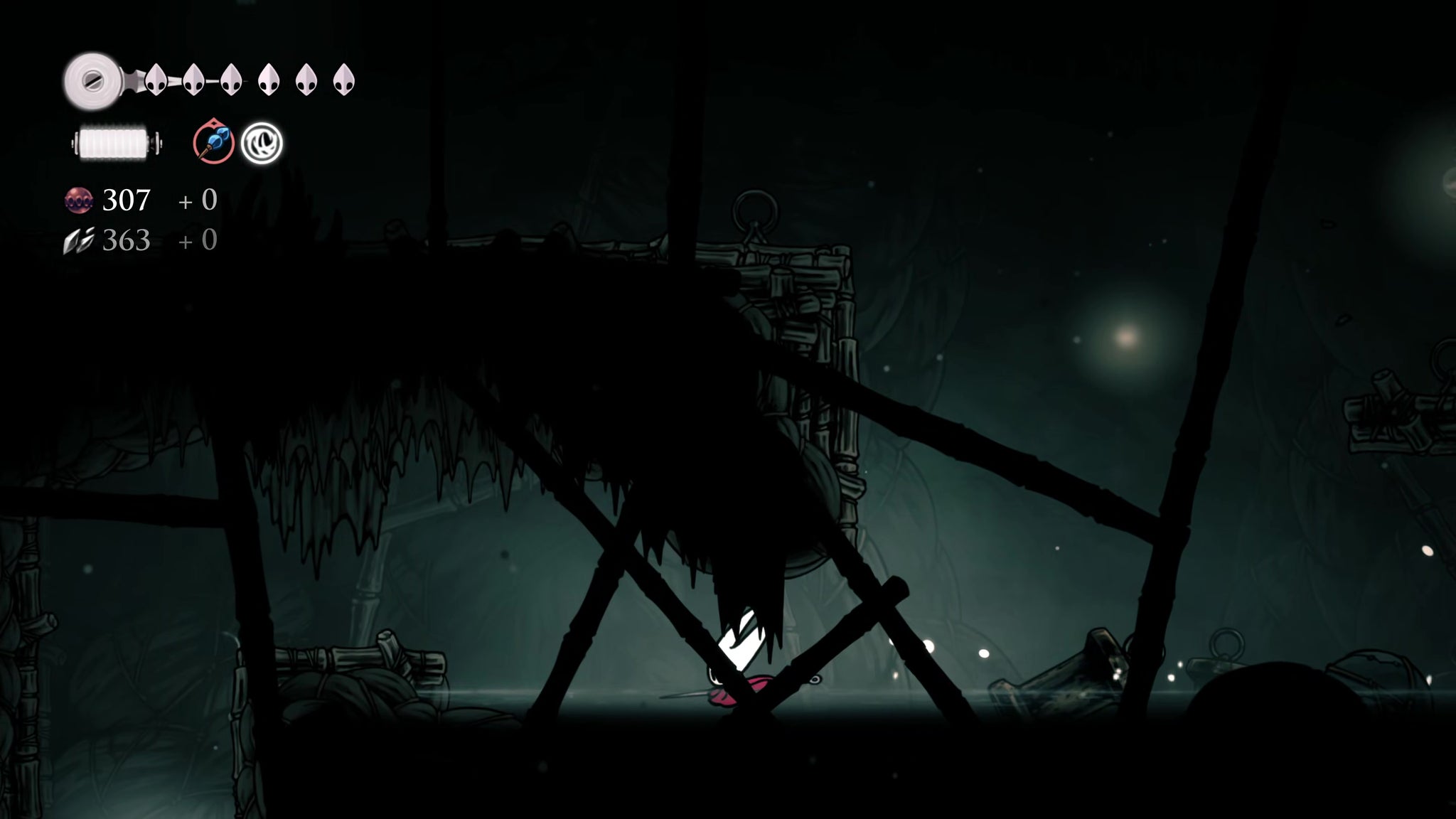 A screenshot of Hollow Knight: Silksong showing the path through Greymoor. - 17