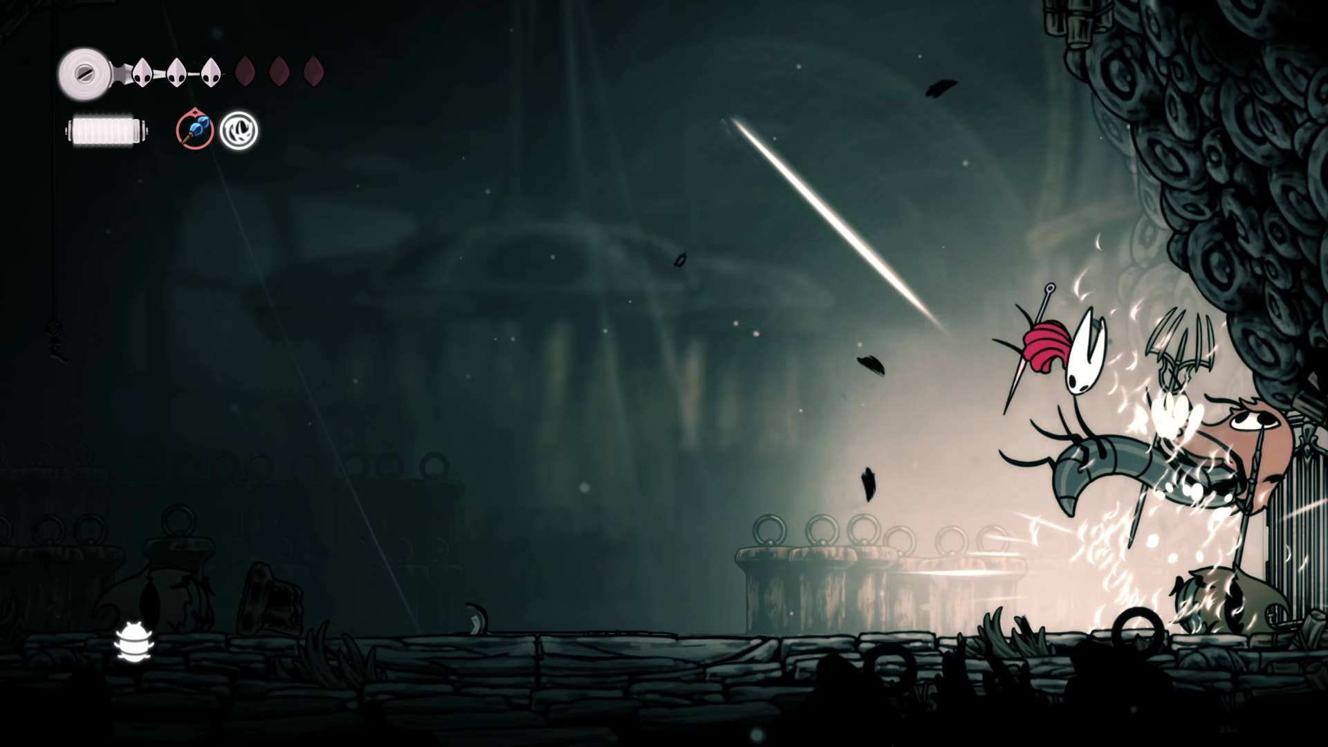Hollow Knight screenshot: Silkson showing the path through Greymore.