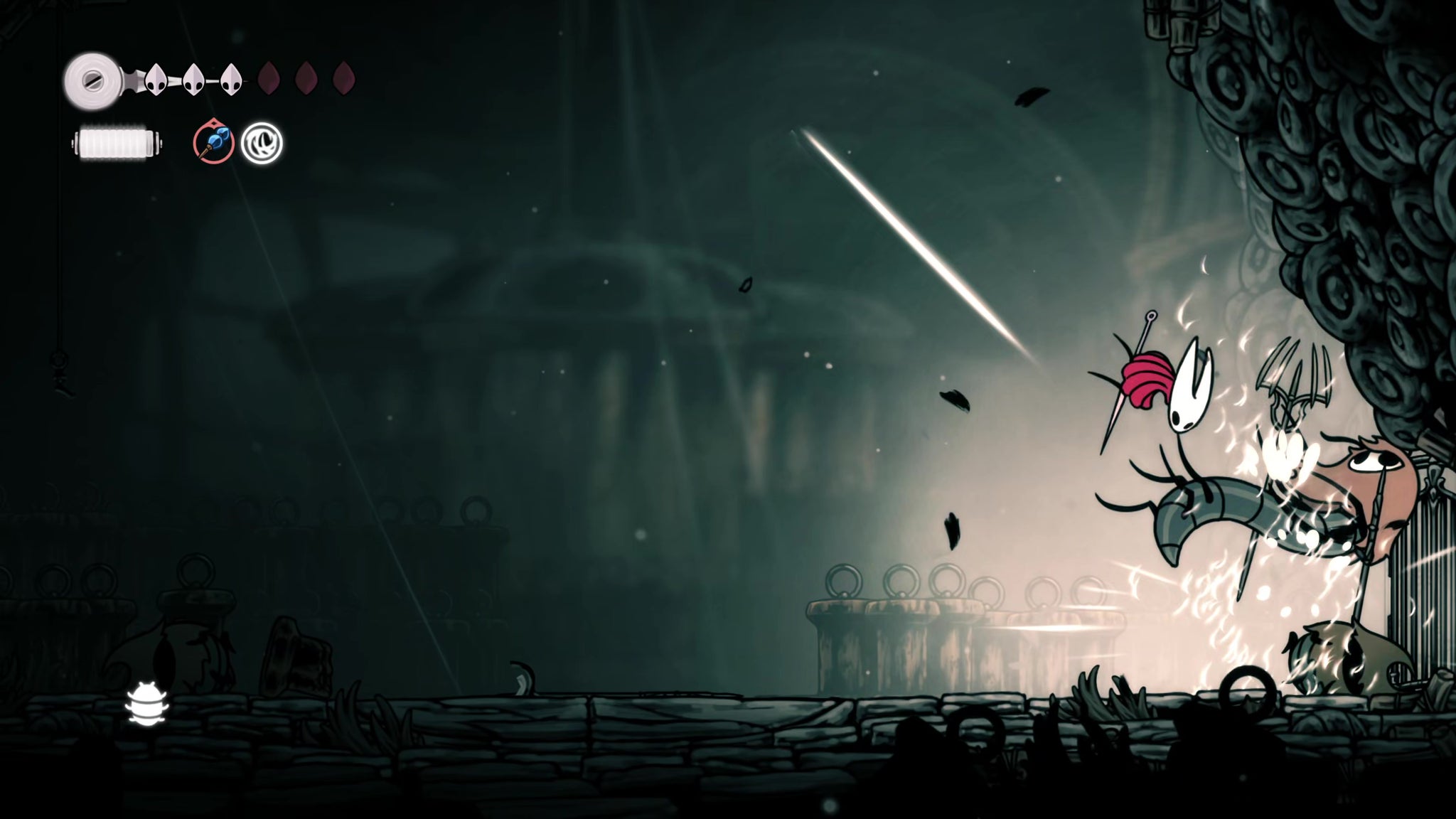 A screenshot of Hollow Knight: Silksong showing the path through Greymoor. - 33