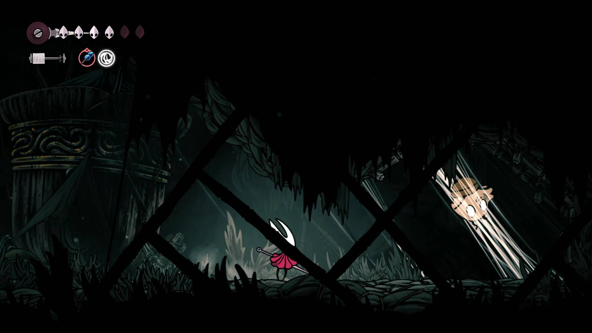 Hollow Knight screenshot: Silkson showing the path through Greymore.