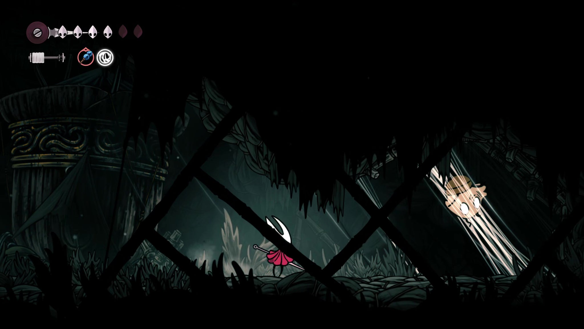 A screenshot of Hollow Knight: Silksong showing the path through Greymoor. - 44