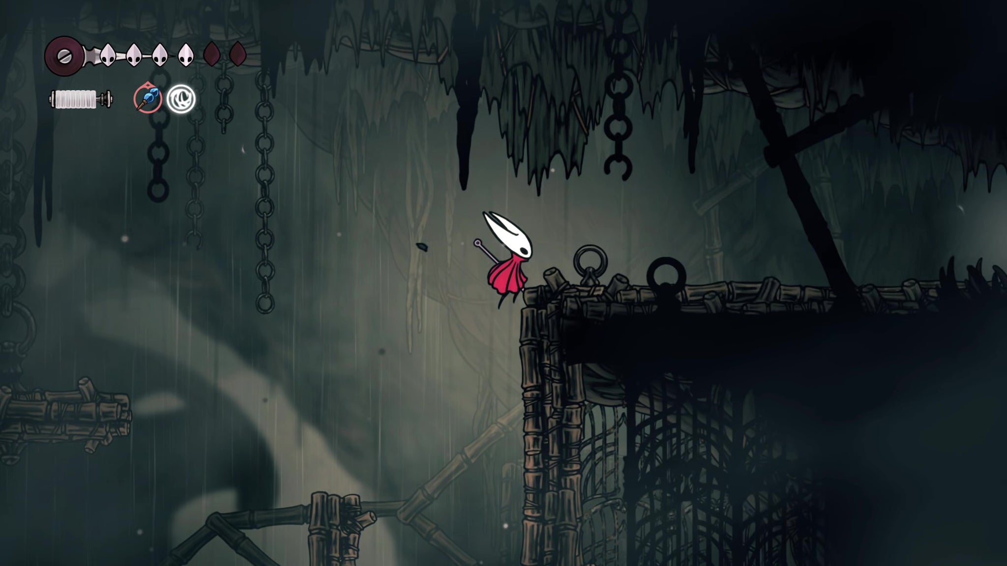 A screenshot of Hollow Knight: Silksong showing the path through Greymoor. - 45