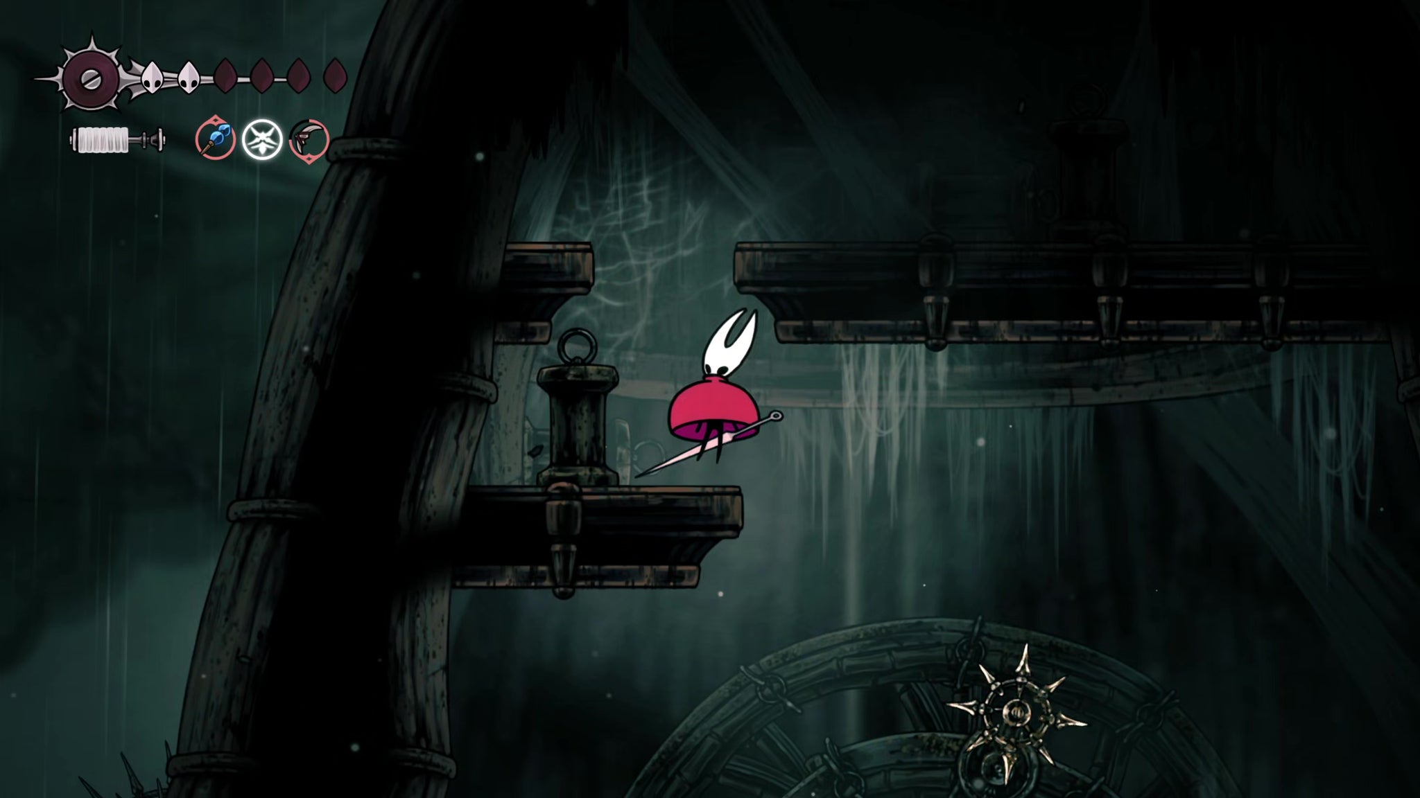 A screenshot of Hollow Knight: Silksong showing the path through Greymoor. - 48