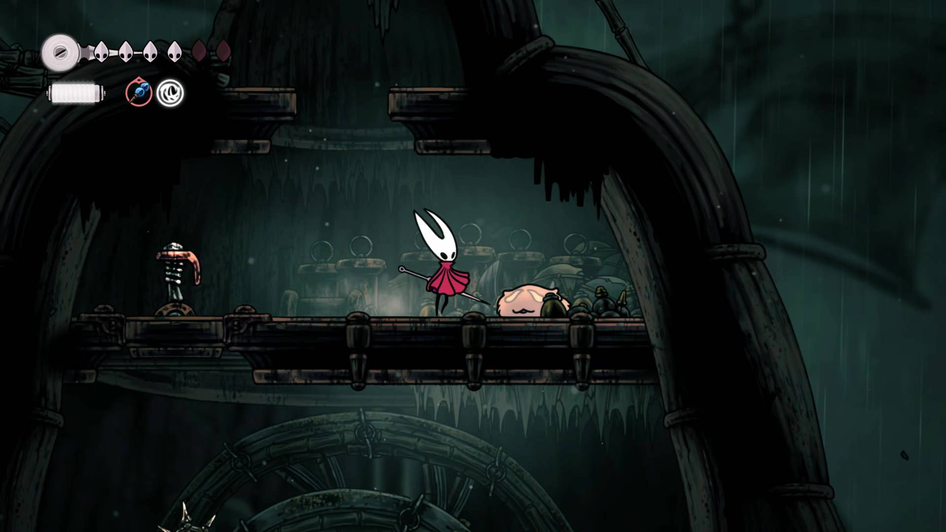 Hollow Knight screenshot: Silkson showing the path through Greymore.