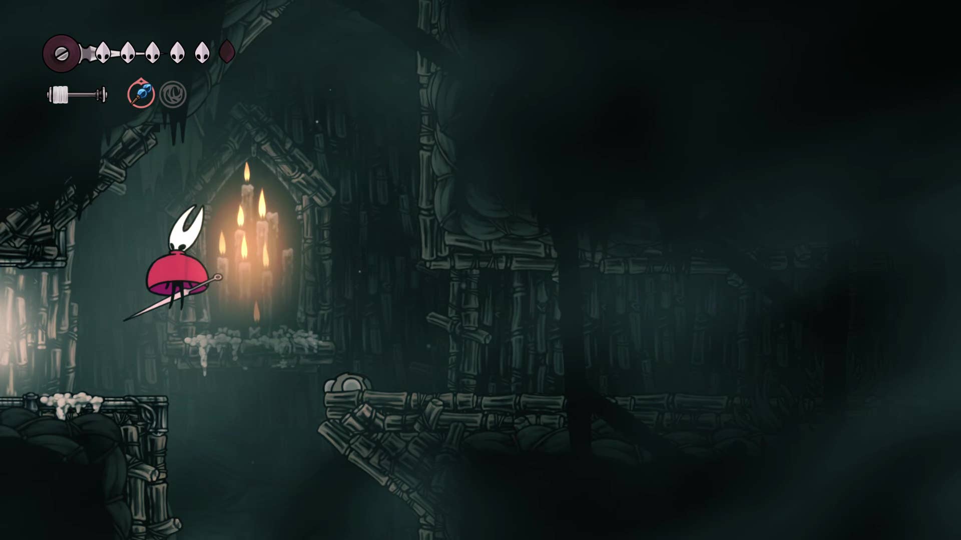 Hollow Knight screenshot: Silkson showing the path through Greymore.