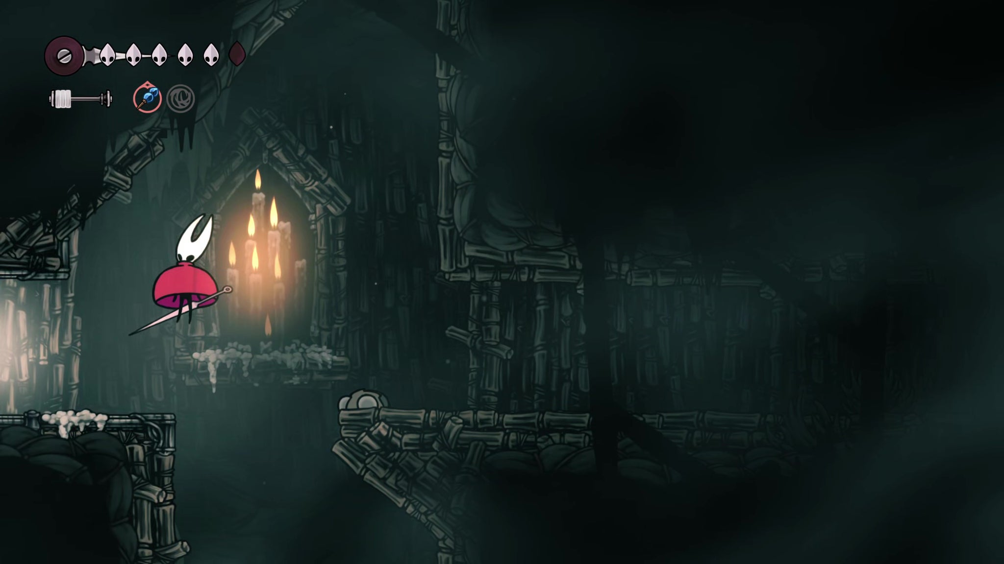 A screenshot of Hollow Knight: Silksong showing the path through Greymoor. - 56