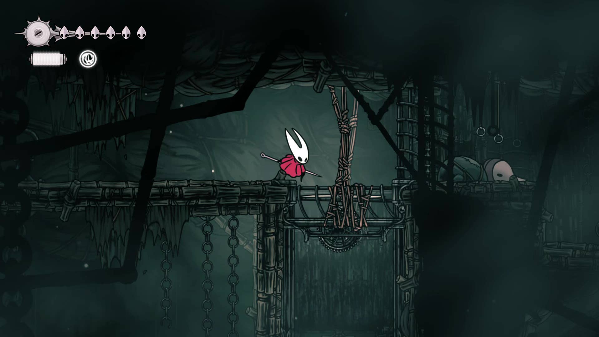Hollow Knight screenshot: Silkson showing the path through Greymore.