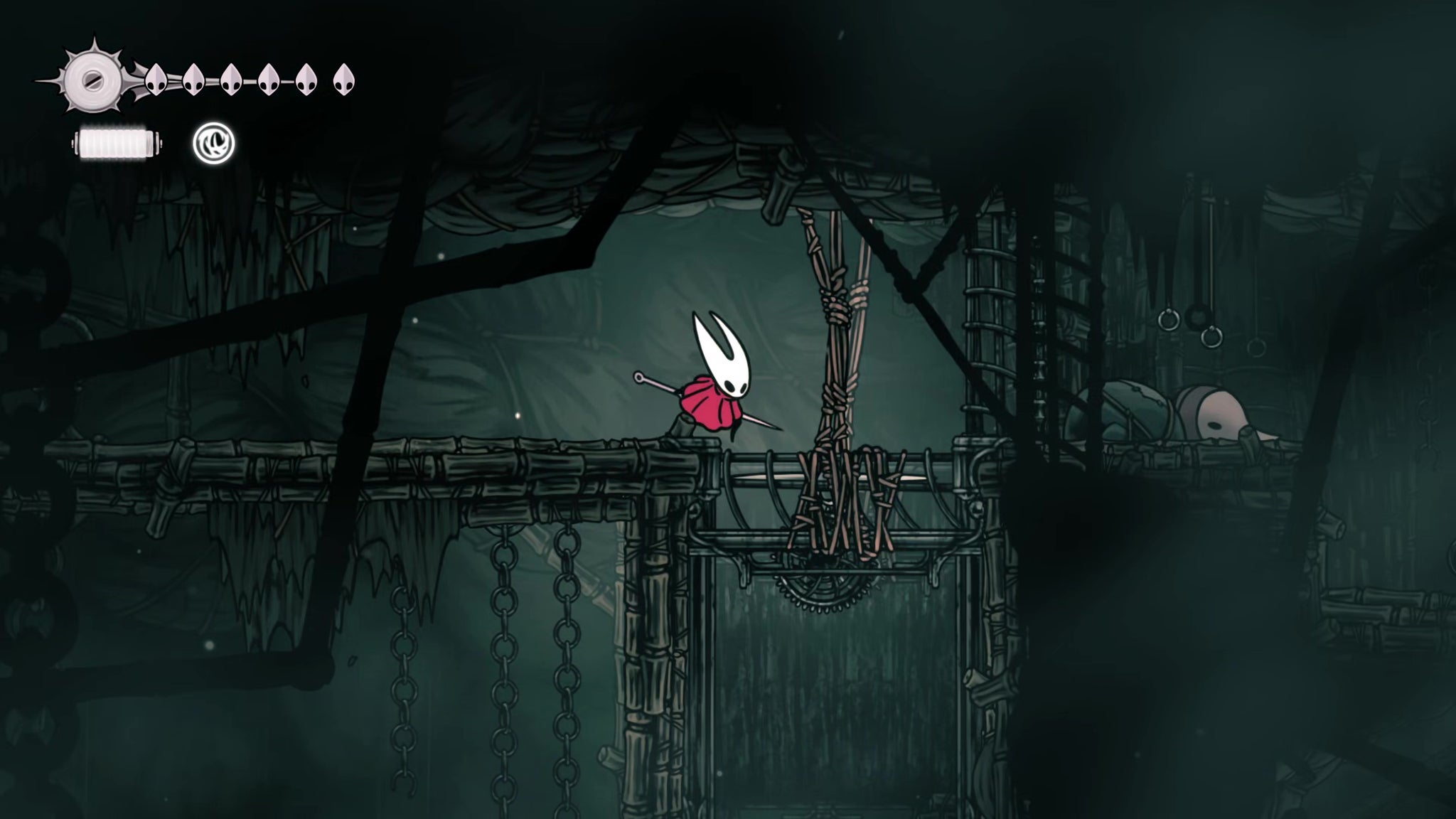 A screenshot of Hollow Knight: Silksong showing the path through Greymoor. - 61