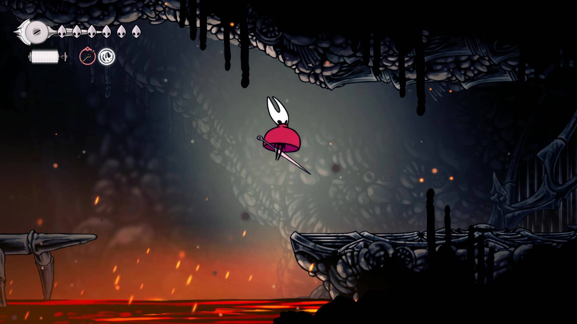 Screenshot of the Hollow Knight: Silkson shows the path through Weavenest Cindril.