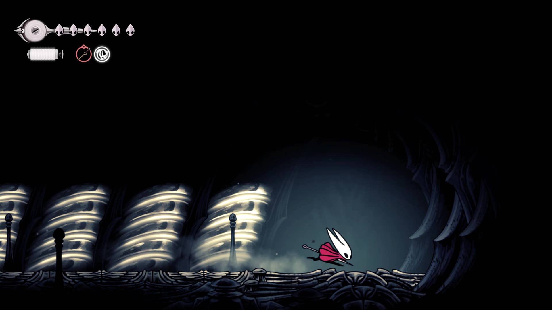 Screenshot of the Hollow Knight: Silkson shows the path through Weavenest Cindril.