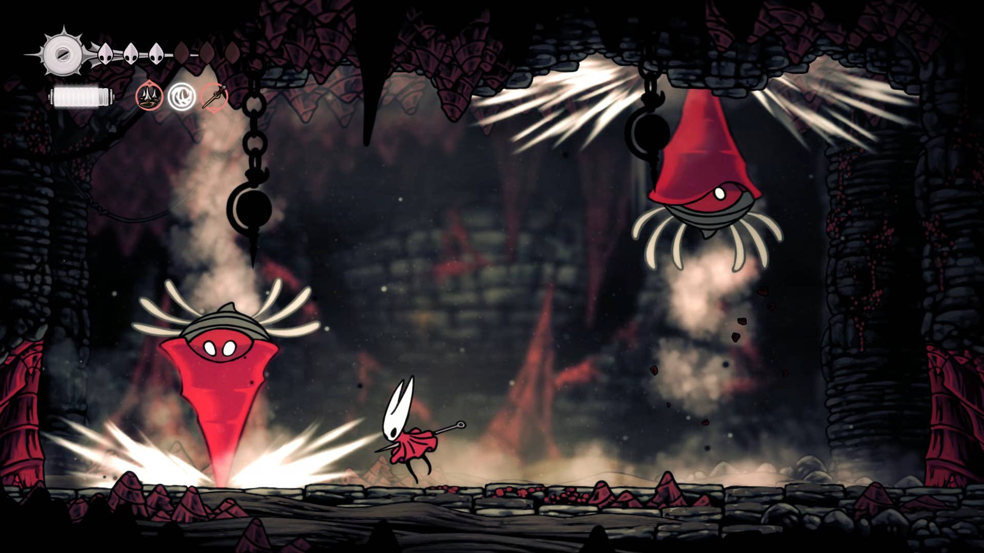 The Hornet fights two conch as it drills into the ground and ceiling of Hollow Knight: Silkson.