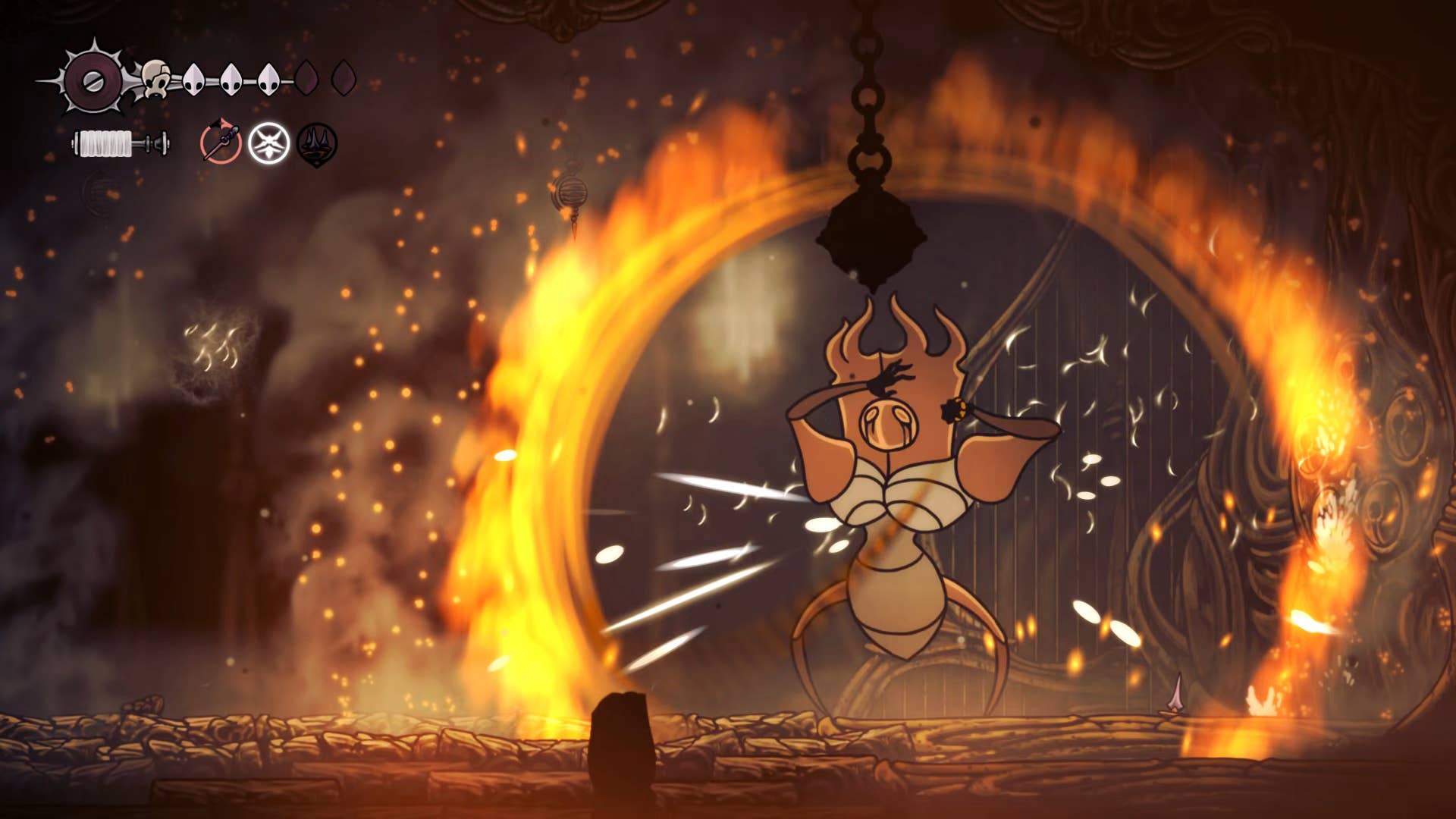 Hornet faces Hollow Knight: Silkson's Last Judge boss.