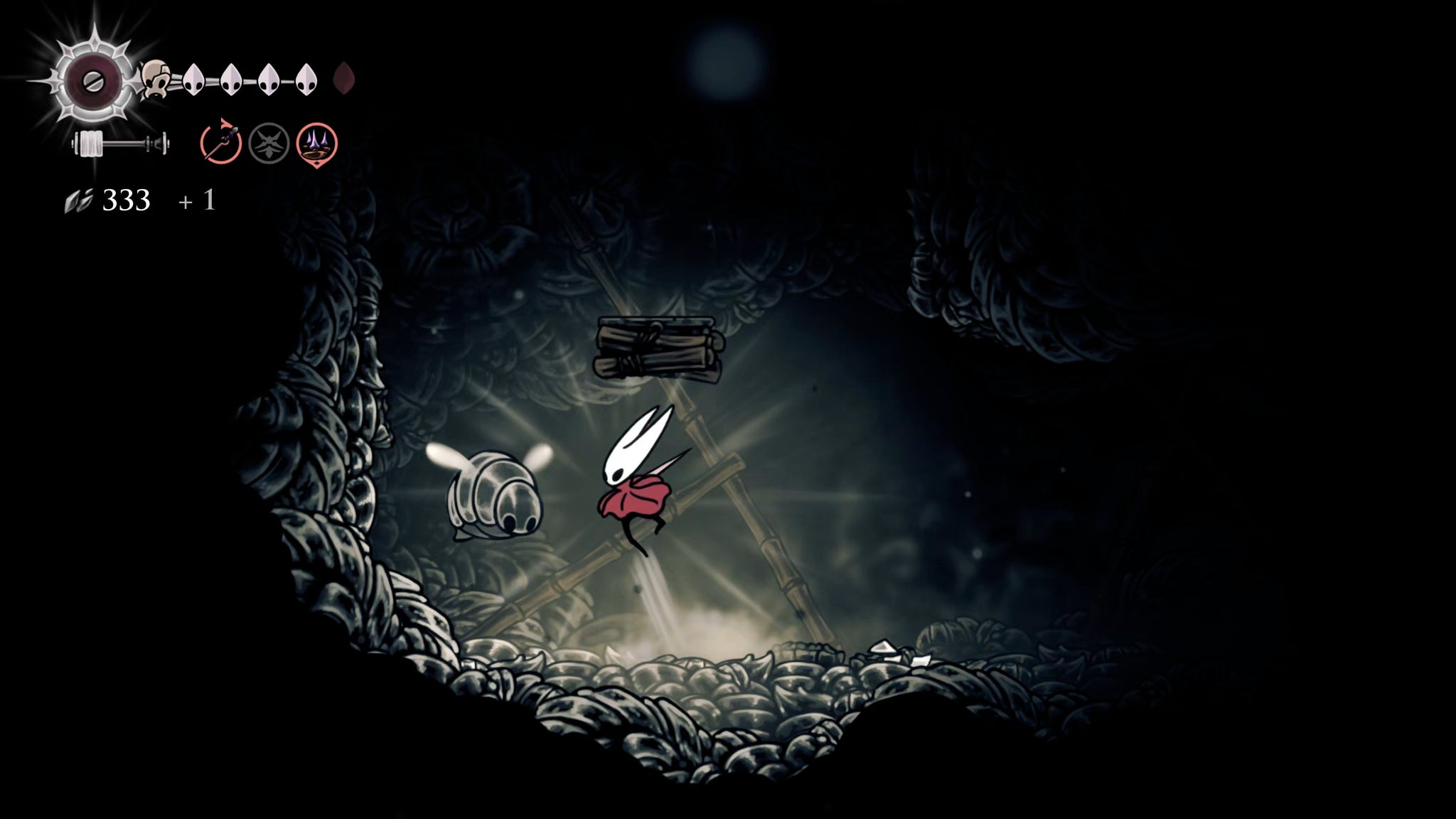 A screenshot of Hollow Knight: Silksong showing the path through Greymoor. - 27