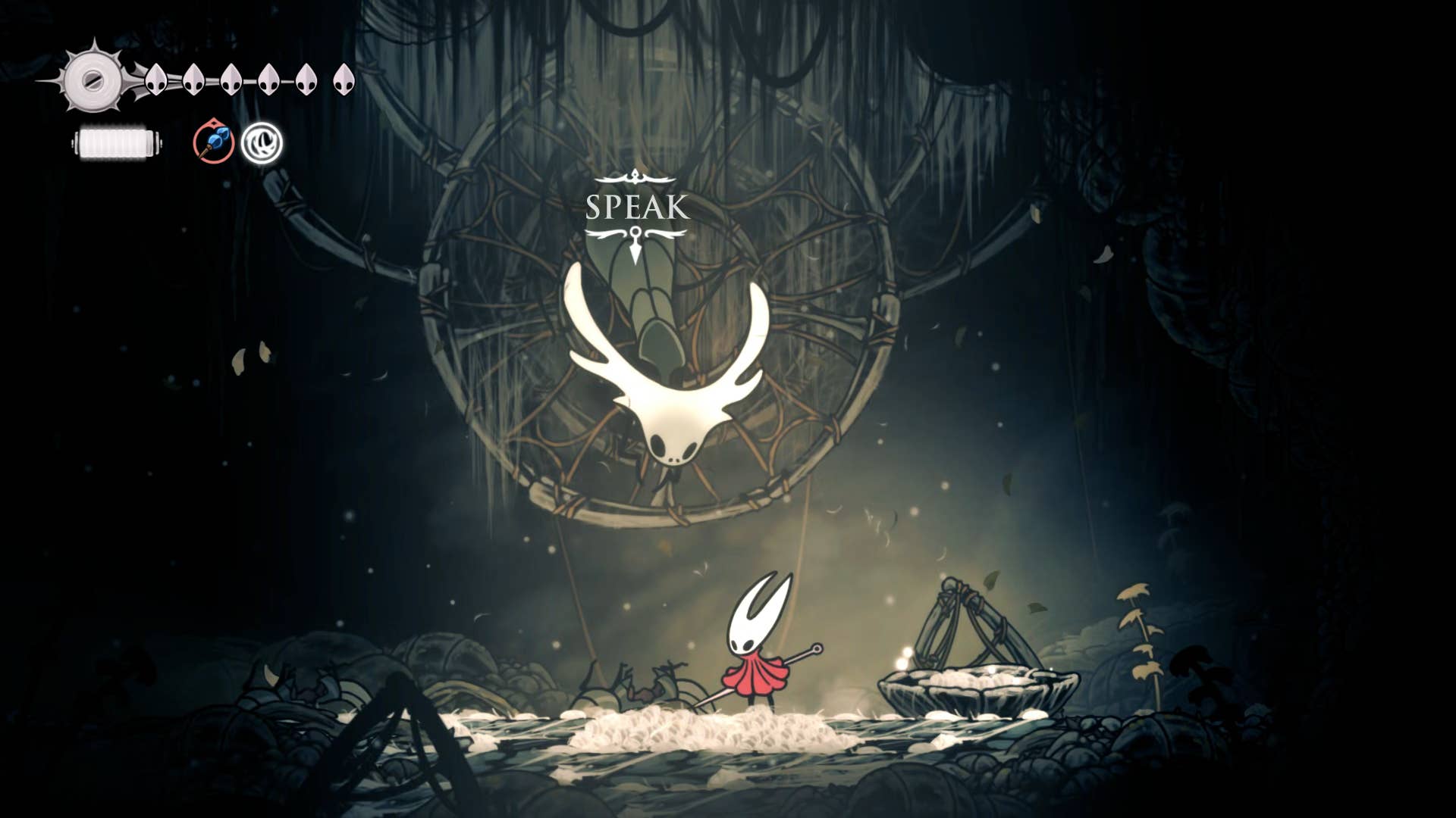 Hollow Knight screenshot: Silkson showing the path through Greymore.