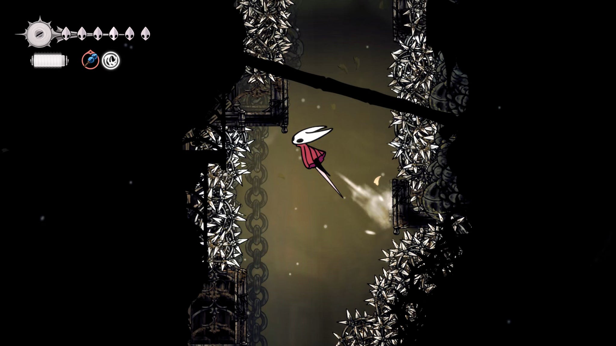 A screenshot of Hollow Knight: Silksong showing the path through Sinner's Road. - 36