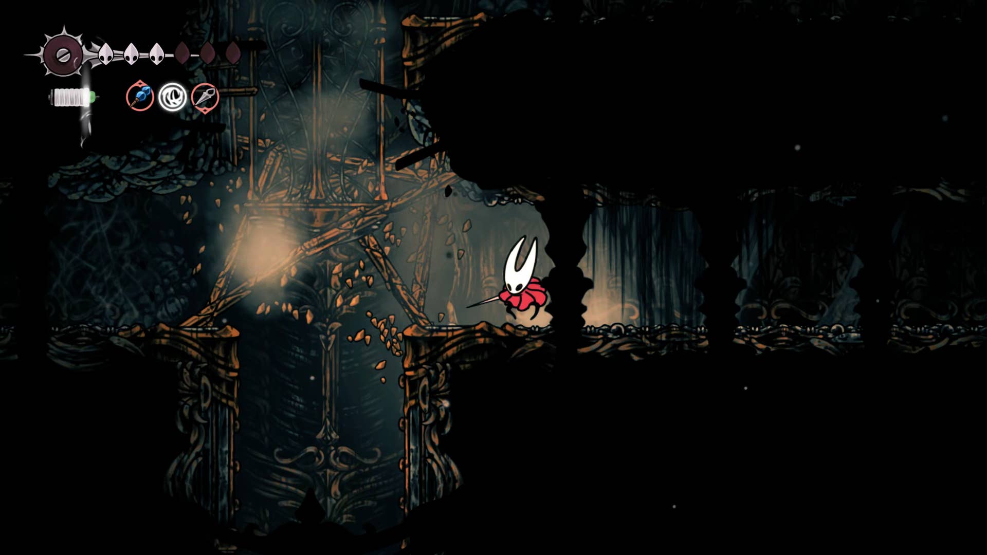 Screenshot of the Hollow Knight: Silkson showing the path through the exhaust organ.