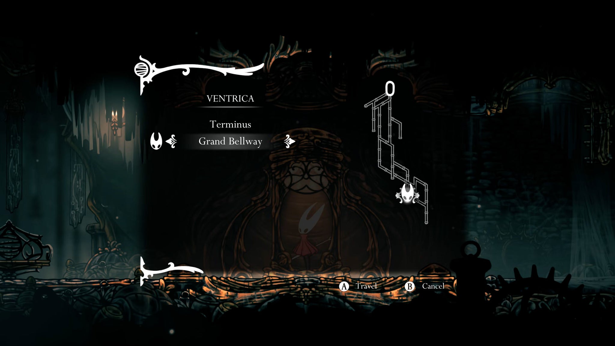 A screenshot of Hollow Knight: Silksong showing the path through the Exhaust Organ. - 14