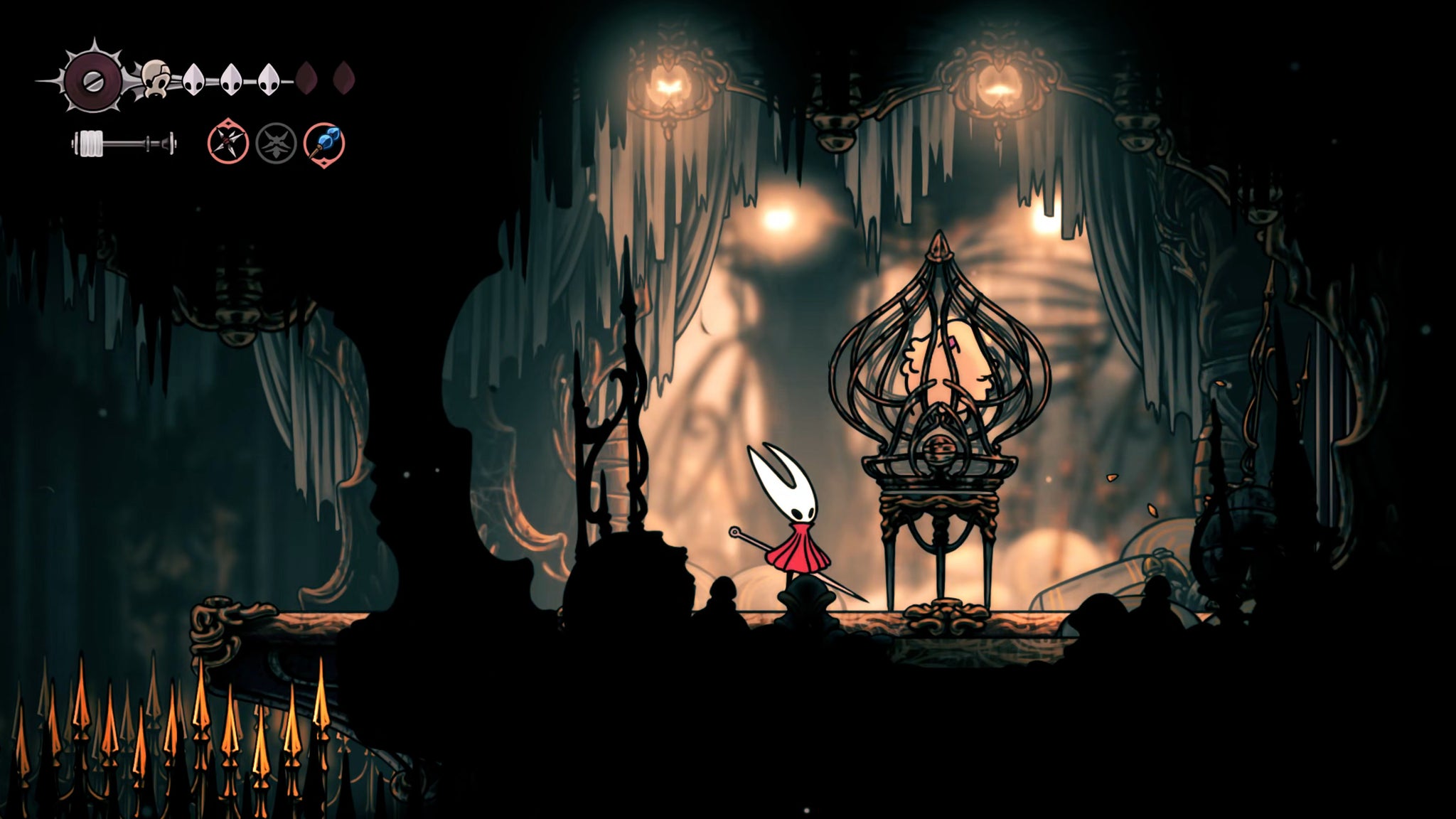 A screenshot of Hollow Knight: Silksong showing the path through the Choral Chambers. - 38