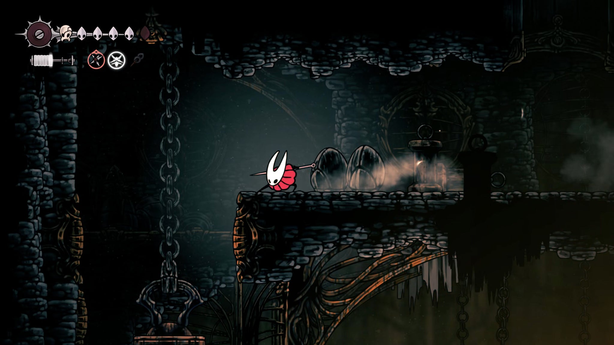 A screenshot of Hollow Knight: Silksong showing the path through the Underworks. - 22