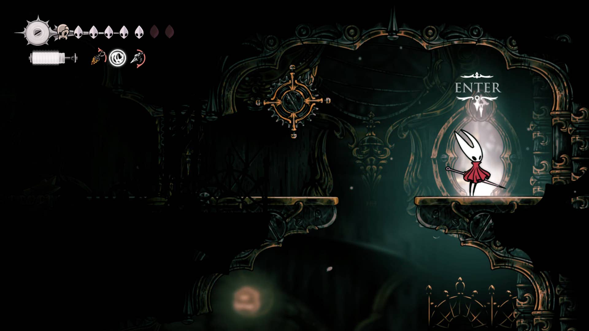 Hollow Knight screenshot: Silksong showing the path through Cogwork Core.
