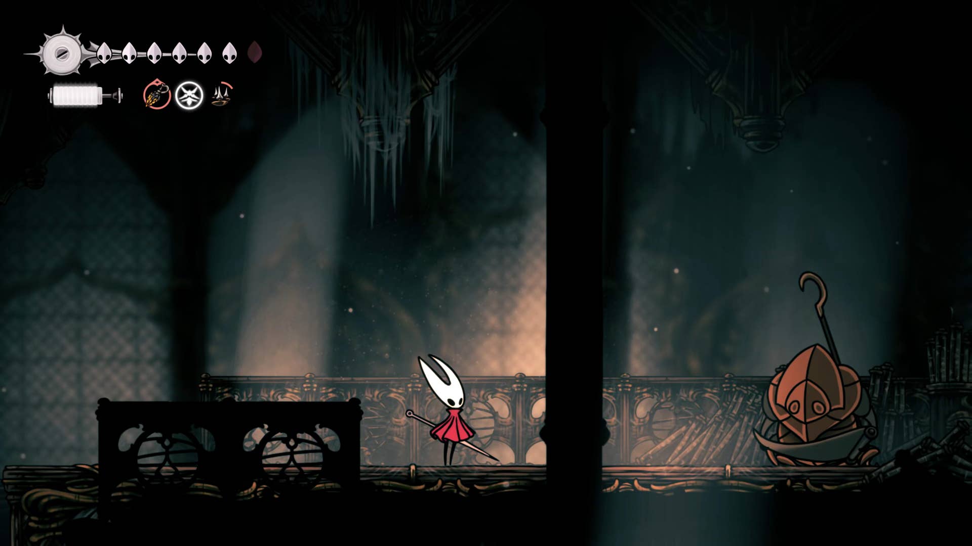 Screenshot of Hollow Knight: Silkson showing the path through a whispered vault.