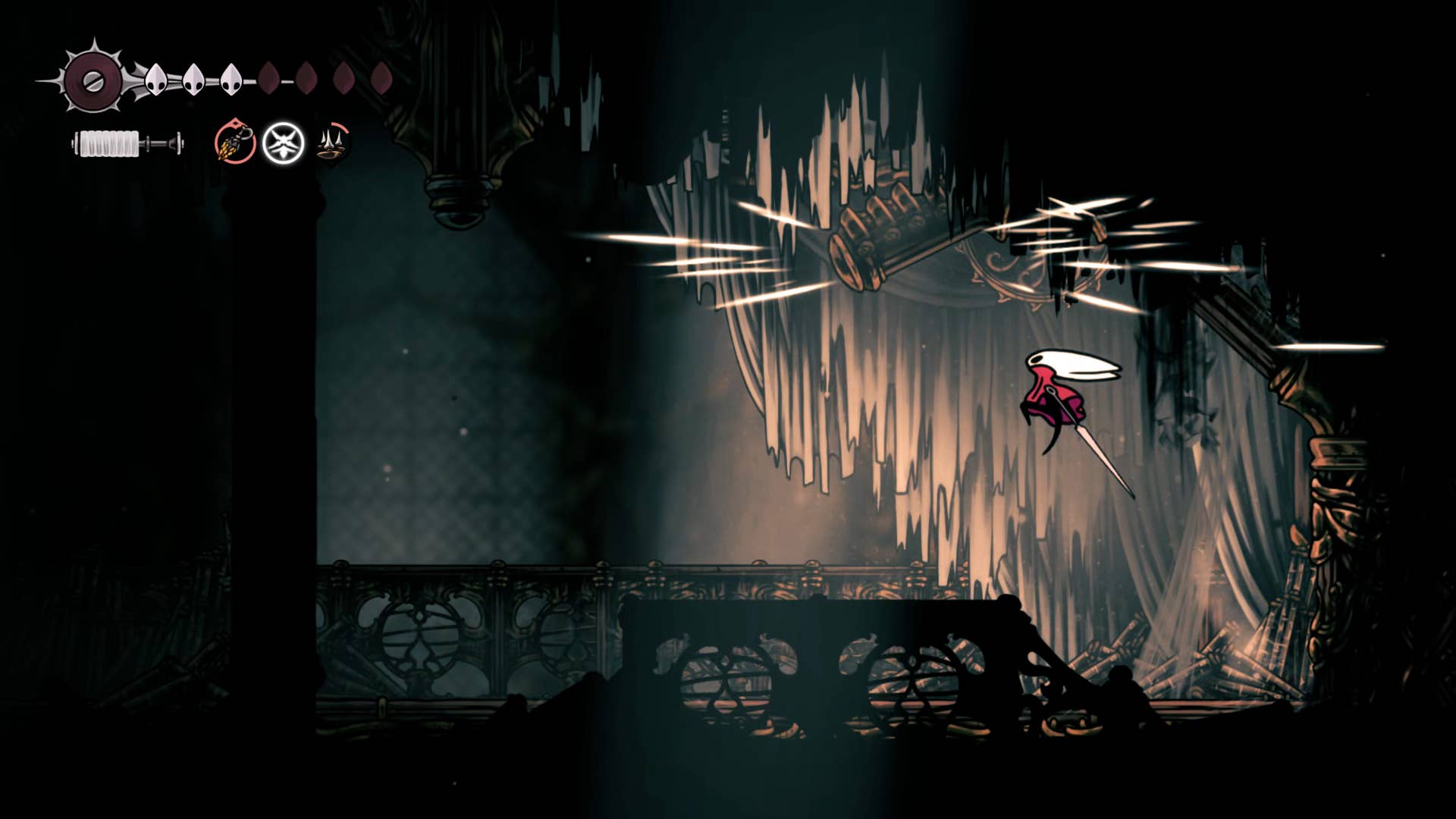 Screenshot of Hollow Knight: Silkson showing the path through a whispered vault.