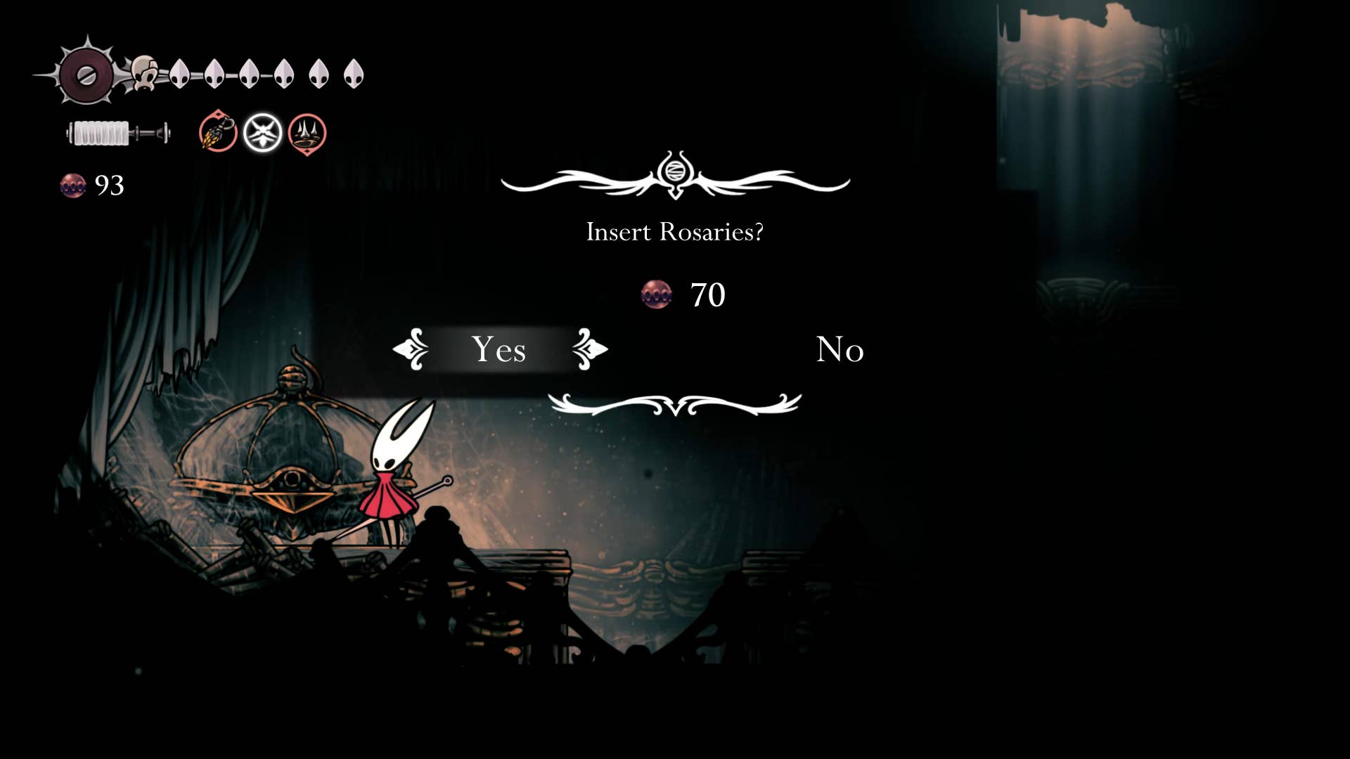 Screenshot of Hollow Knight: Silkson showing the path through a whispered vault.