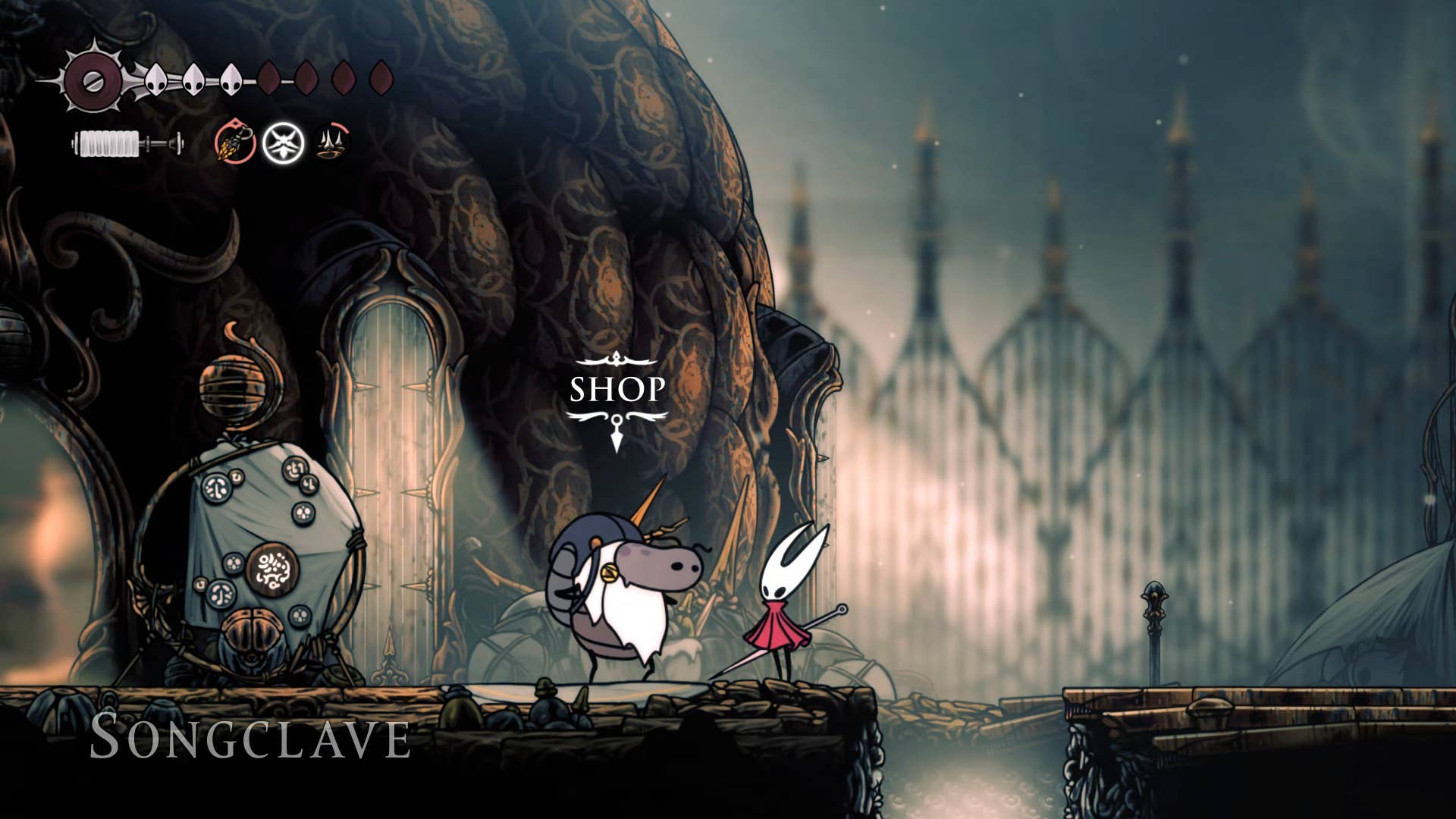 Screenshot of Hollow Knight: Silkson showing the path through a whispered vault.