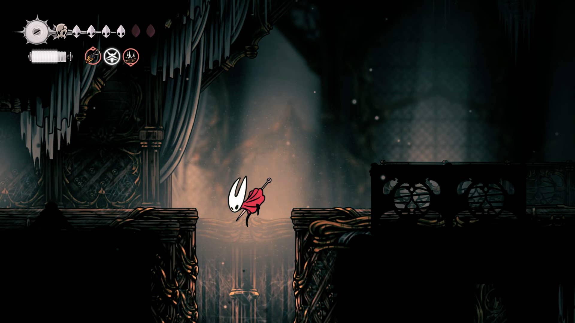 Screenshot of Hollow Knight: Silkson showing the path through a whispered vault.