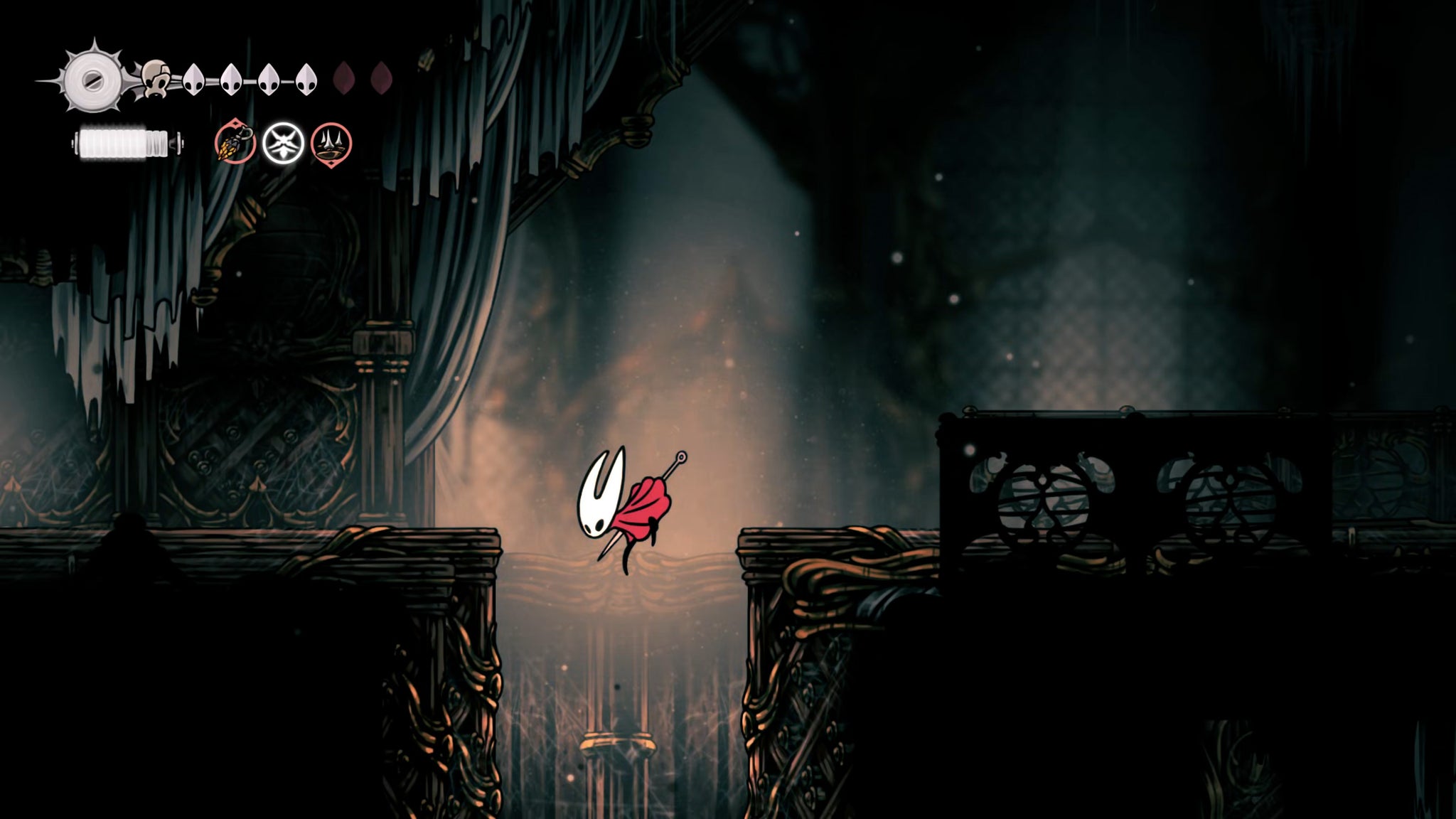 A screenshot of Hollow Knight: Silksong showing the path through the Whispering Vaults. - 9