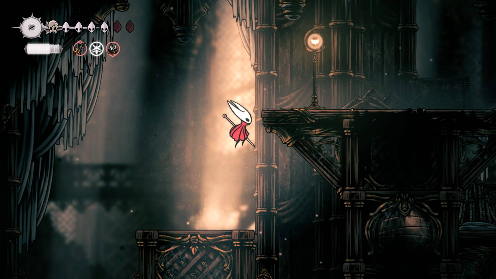 Screenshot of Hollow Knight: Silkson showing the path through a whispered vault.