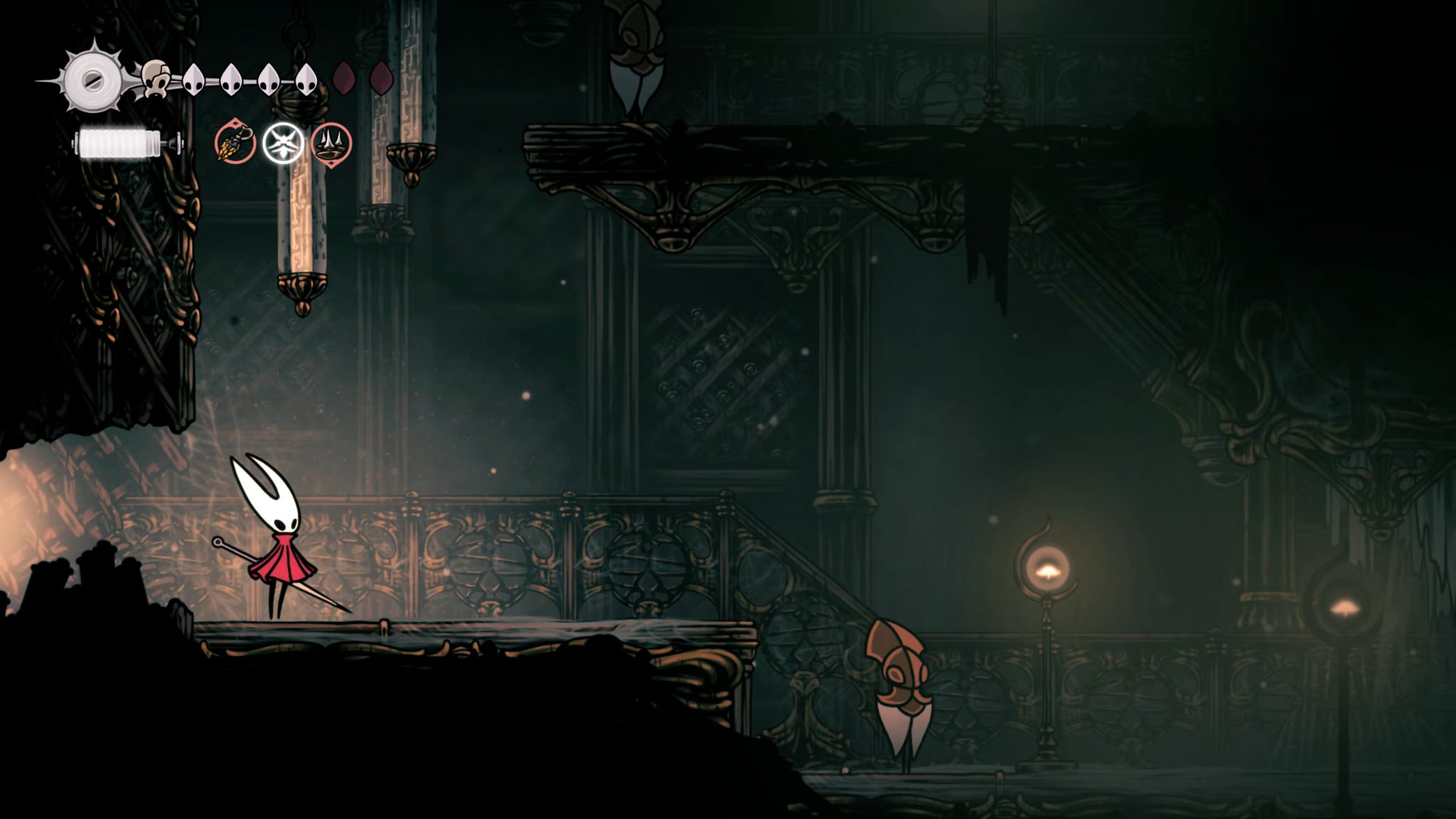 A screenshot of Hollow Knight: Silksong showing the path through the Whispering Vaults. - 16