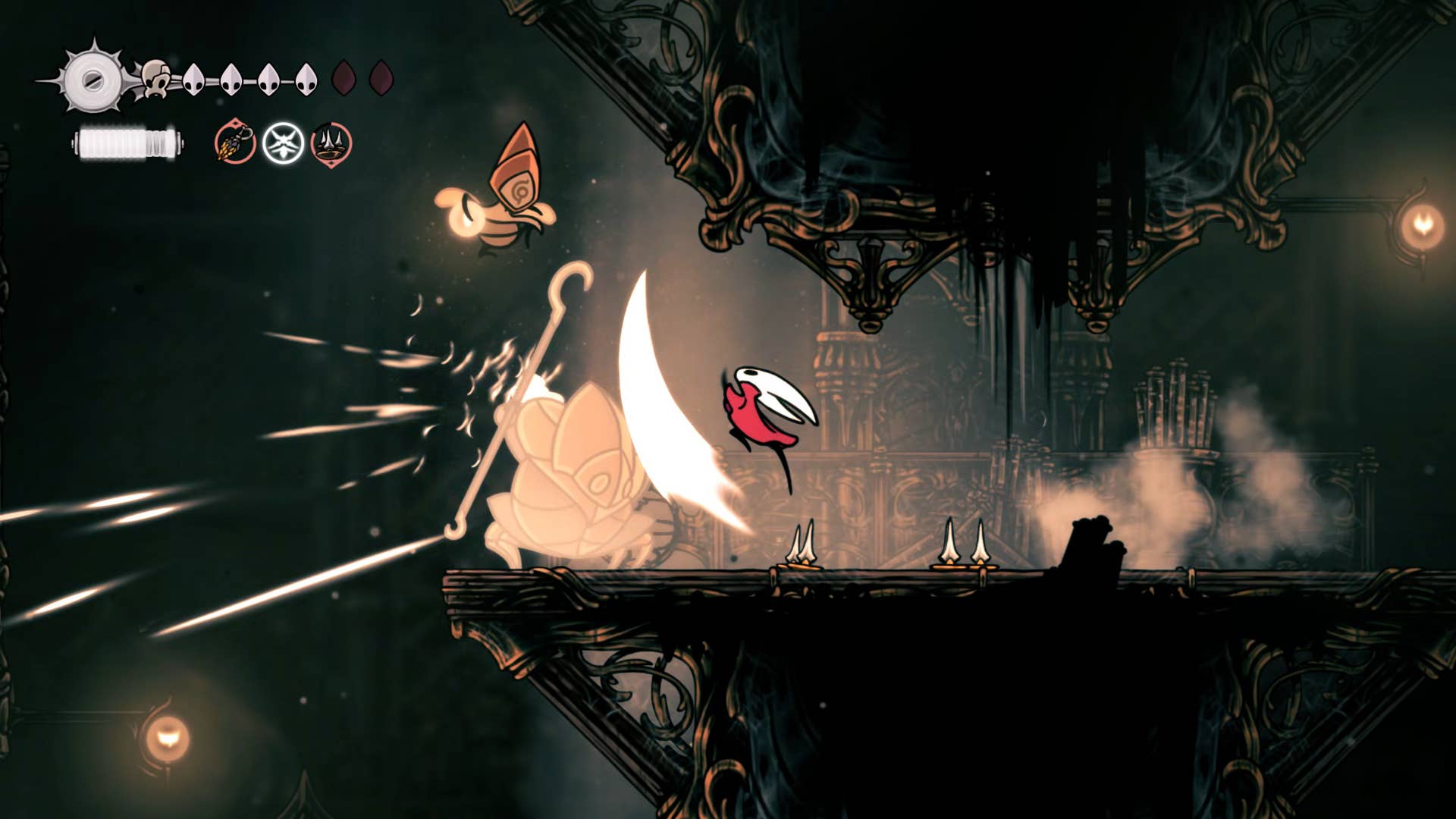 Screenshot of Hollow Knight: Silkson showing the path through a whispered vault.