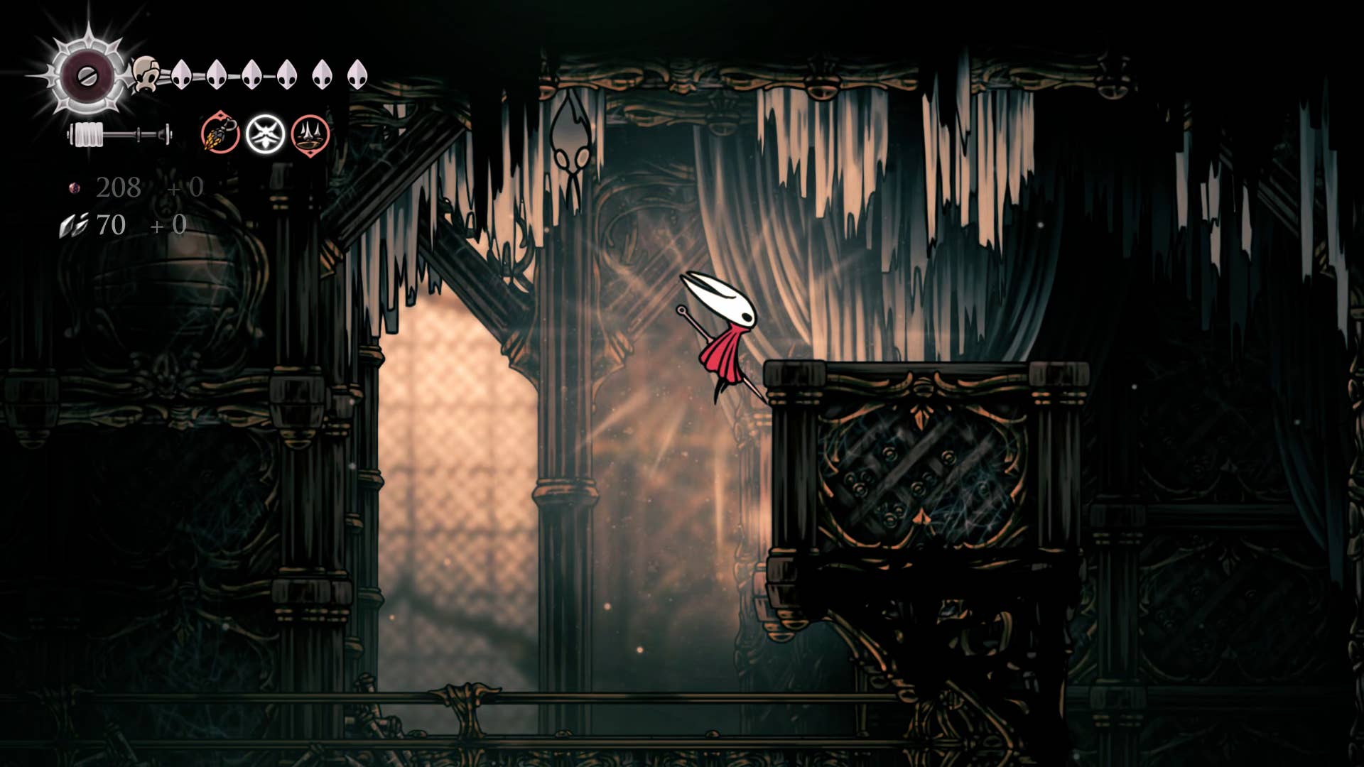 Screenshot of Hollow Knight: Silkson showing the path through a whispered vault.