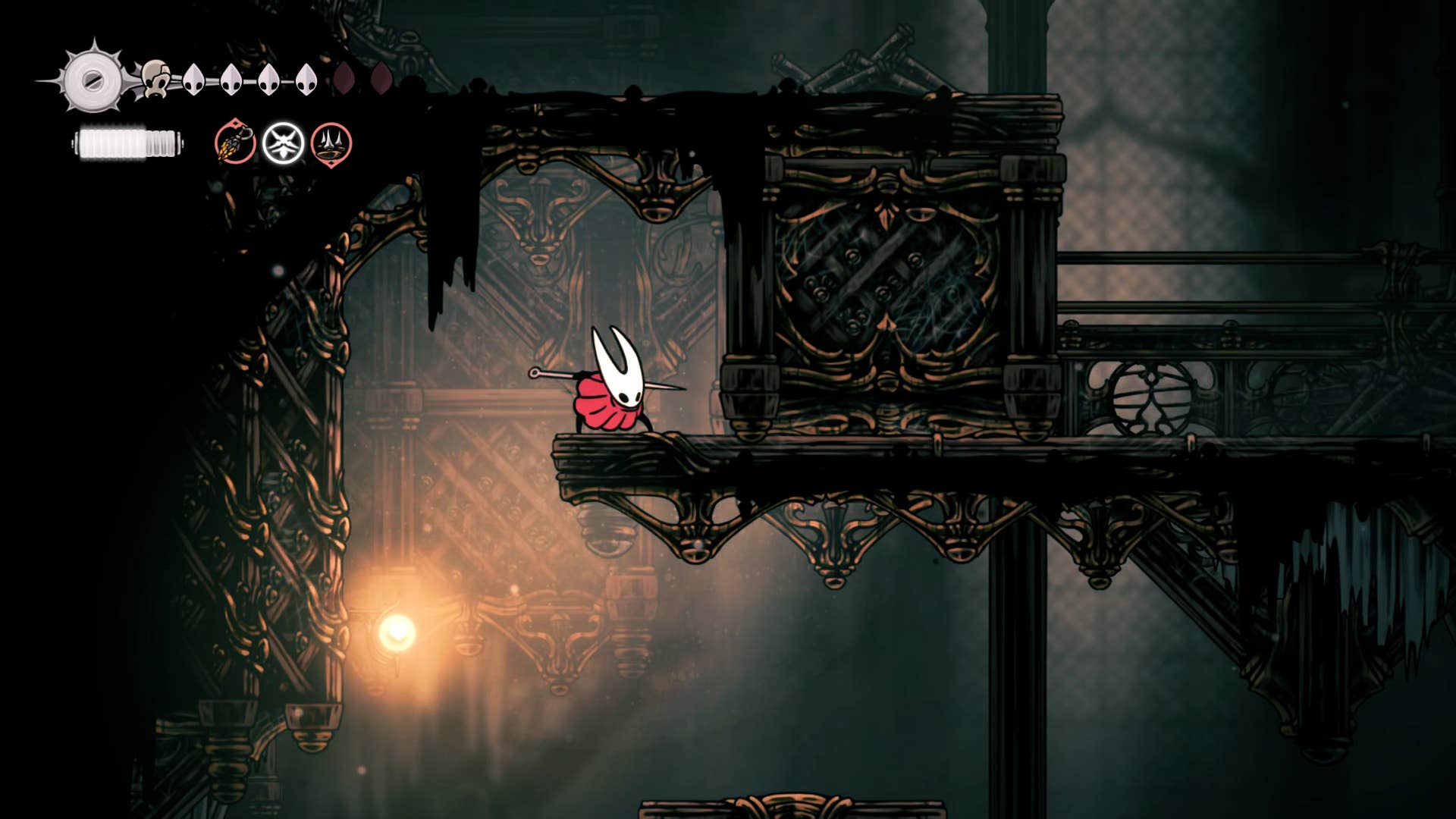 Screenshot of Hollow Knight: Silkson showing the path through a whispered vault.