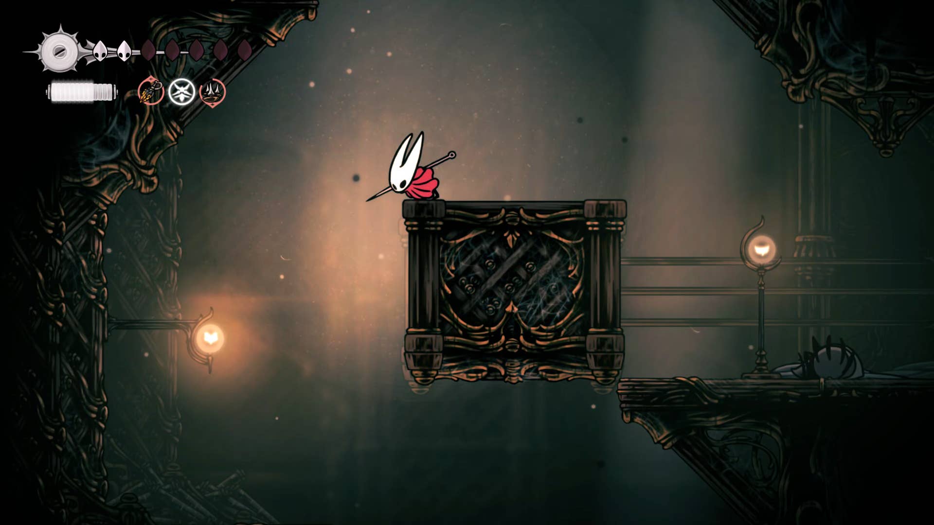 Screenshot of Hollow Knight: Silkson showing the path through a whispered vault.