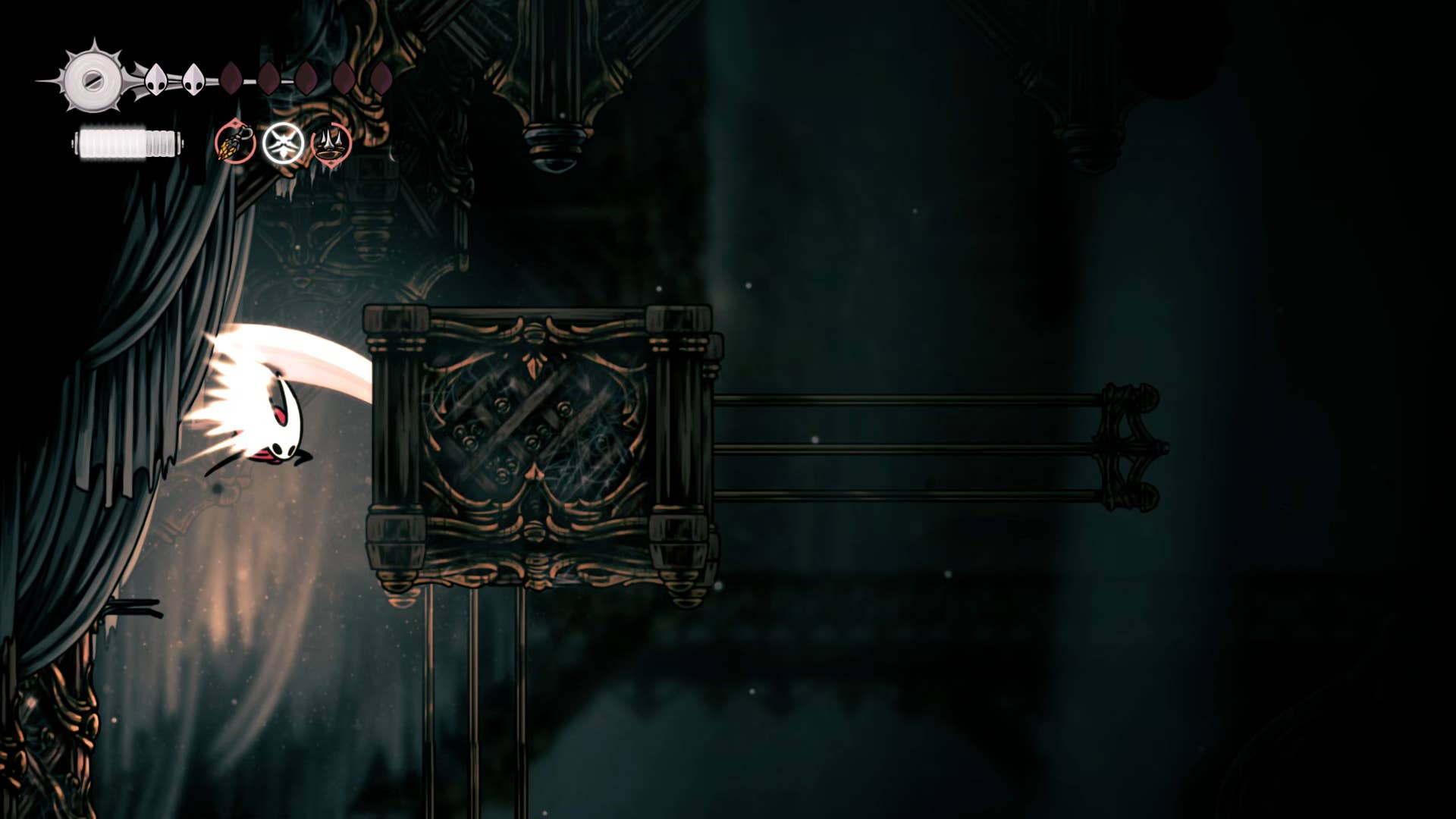 Screenshot of Hollow Knight: Silkson showing the path through a whispered vault.