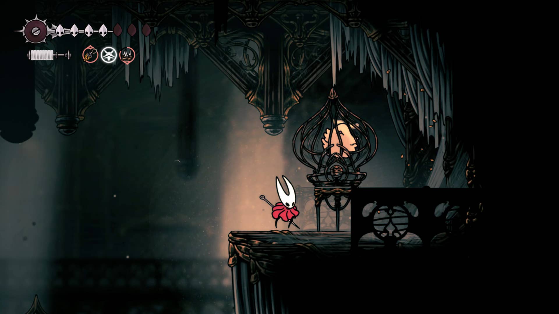 Screenshot of Hollow Knight: Silkson showing the path through a whispered vault.